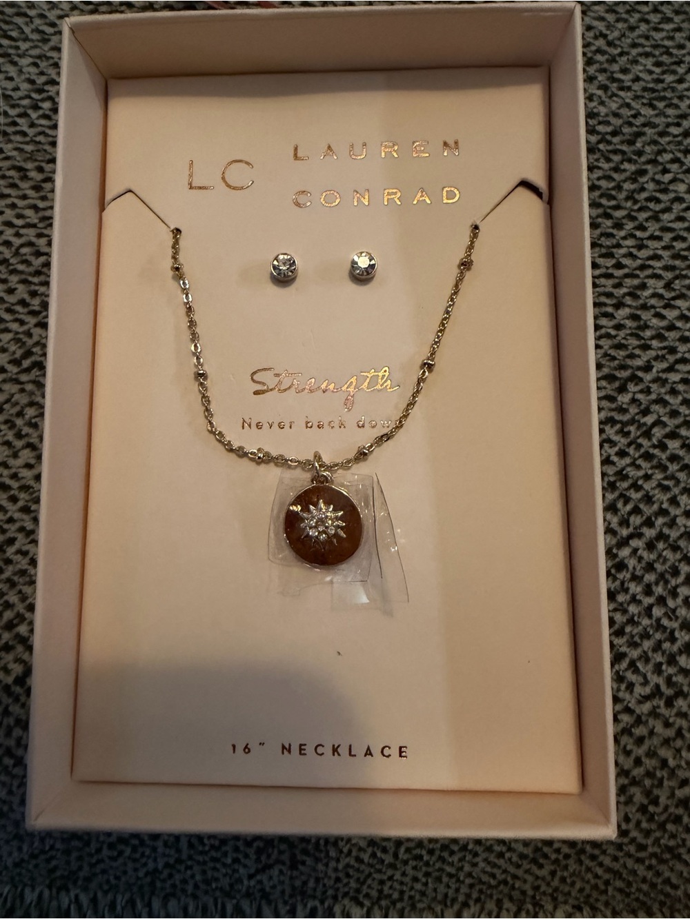 LC Lauren Conrad Gold-Tone Necklace with Brown Pendant and Clear Studs